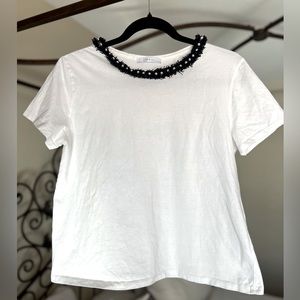 ZARA White Pearl Fringe Round Neckline Short Sleeve